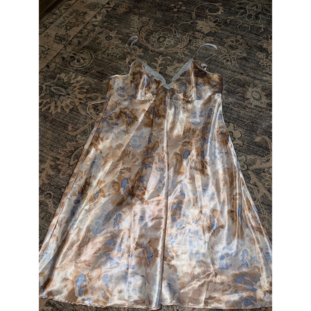 Vintage Adonna Satin Floral Blue Tan Babydoll Slip